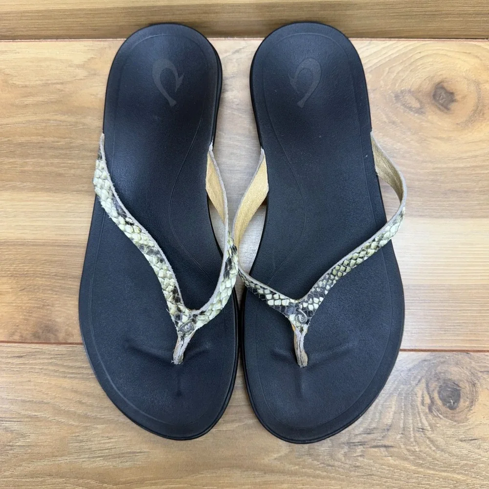 Olukai Ho'Opio Flip Flop Sandals Womens 8 Snake Leather Thong Vacation Resort